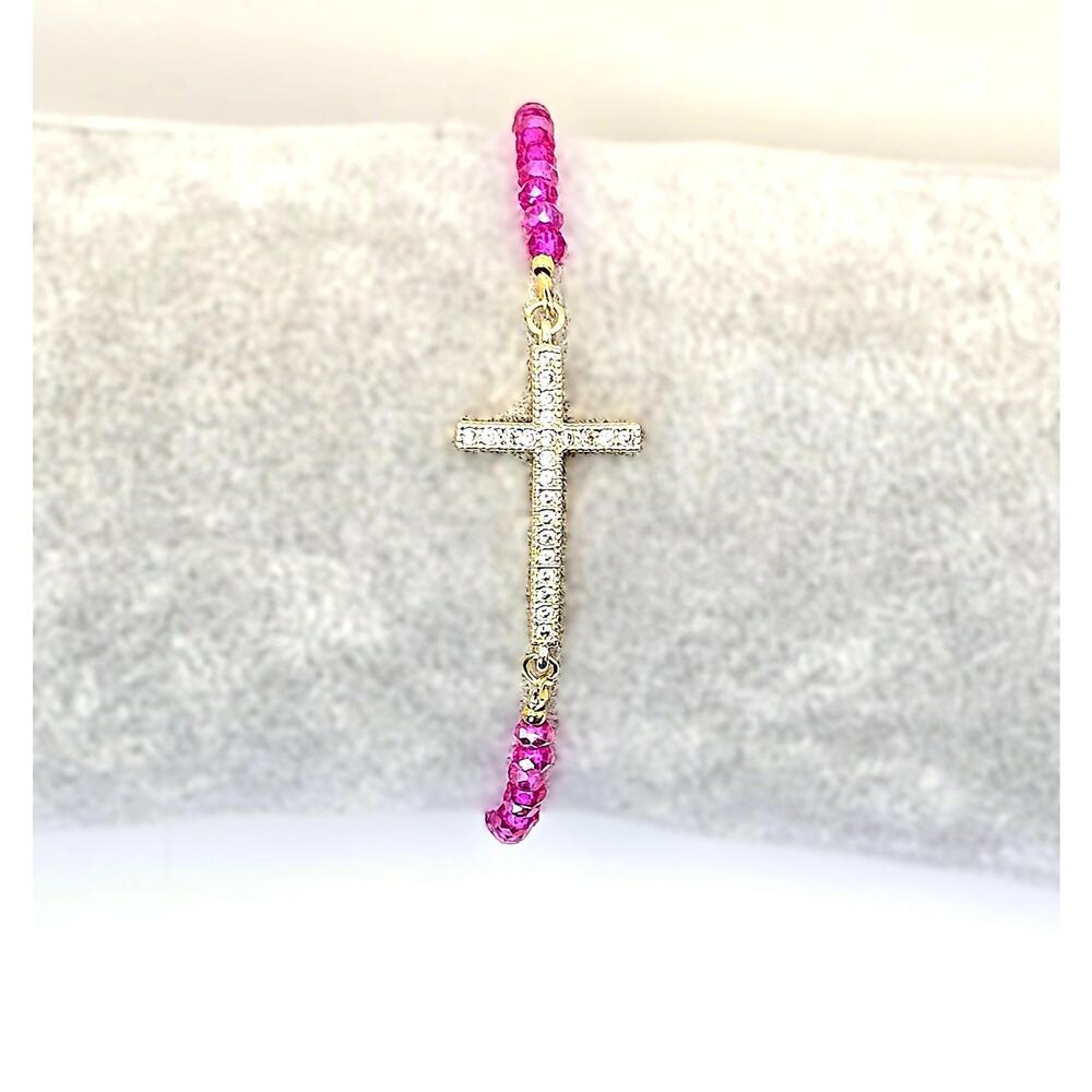 Handmade Hot Pink Beaded CZ Cross Bracelet Adjustable Gold-Plated Slide Chain